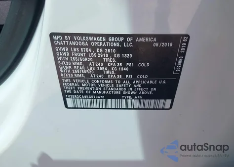 2019 Volkswagen Atlas 3.6L V6 Sel z USA, uszkodzony, nr VIN 1V2ER2CA9KC570476